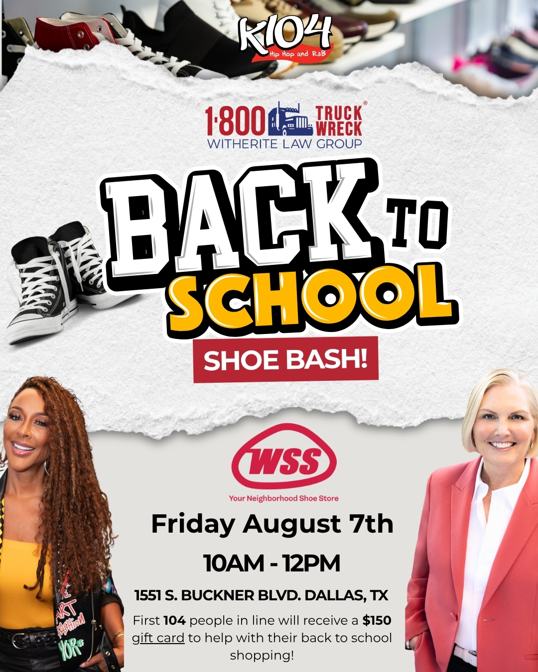 Back to School Shoe Bash event at WSS shoe store, featuring a KIO4 radio station logo and two smiling women in casual attire.