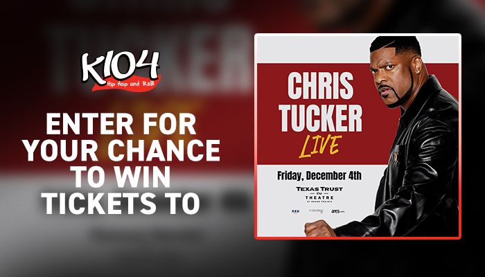 A promotional image for a live performance by comedian Chris Tucker, featuring his portrait against a red and black background.